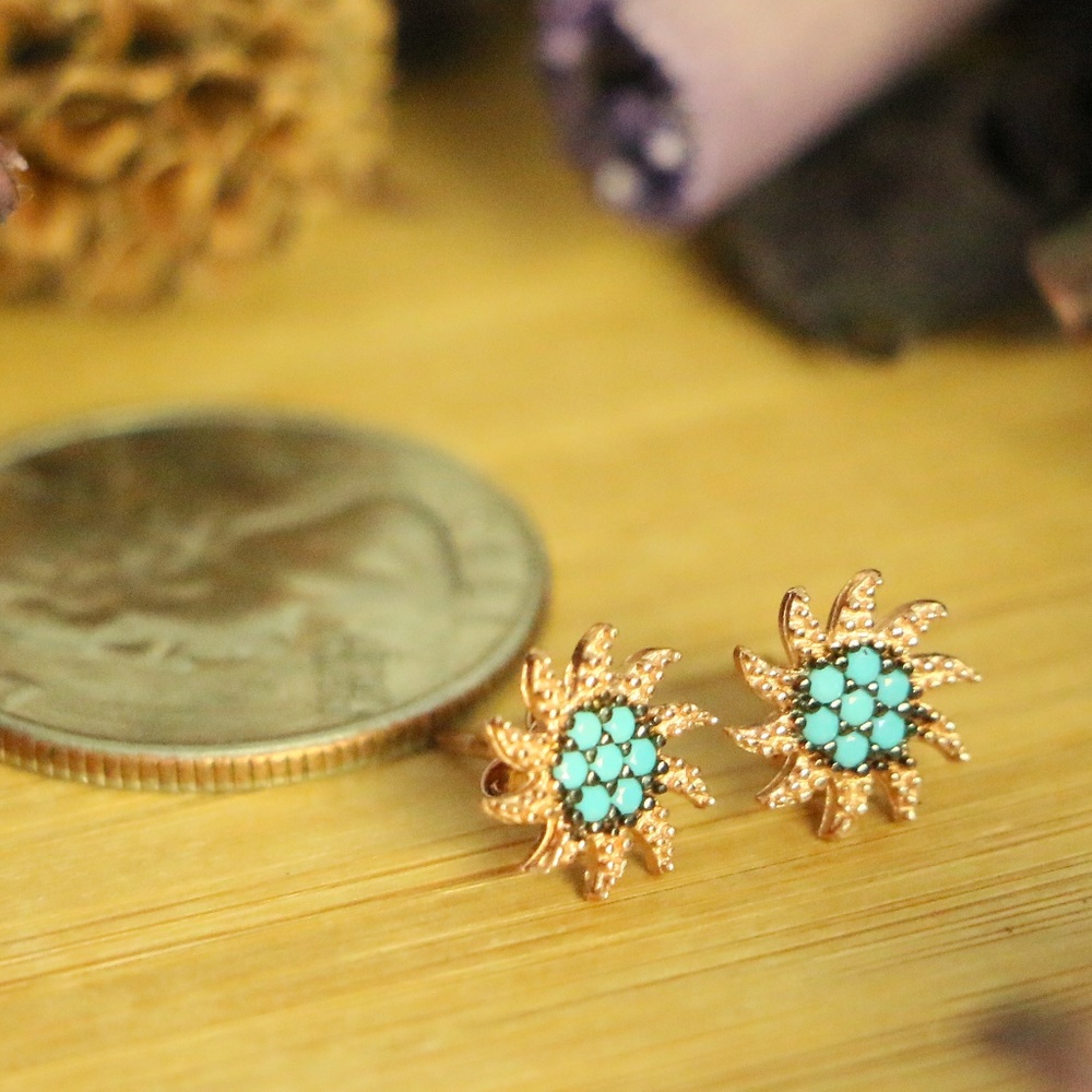 925 Sterling Silver sun Earrings with Turquoise - Picture 7 of 8
